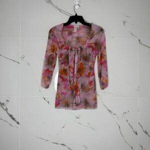 Daisy & Clover Women's Floral Mesh V-Neck Blouse M Multicolor 3/4 Sleeve Y2K